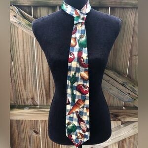 Vintage Tabasco Blue & White Checked Silk Necktie with Veggies & Spicy Hot Sauce